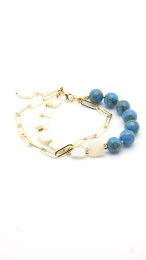 Armband met blauw gekleurde howliet, parelmoer en ketting